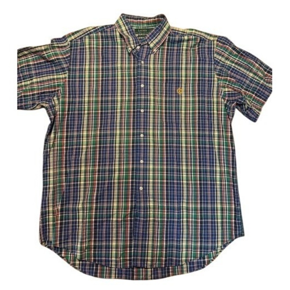 Lauren Ralph Lauren Mens XL Plaid Short Sleeve Button Down Shirt Crest Logo Navy
